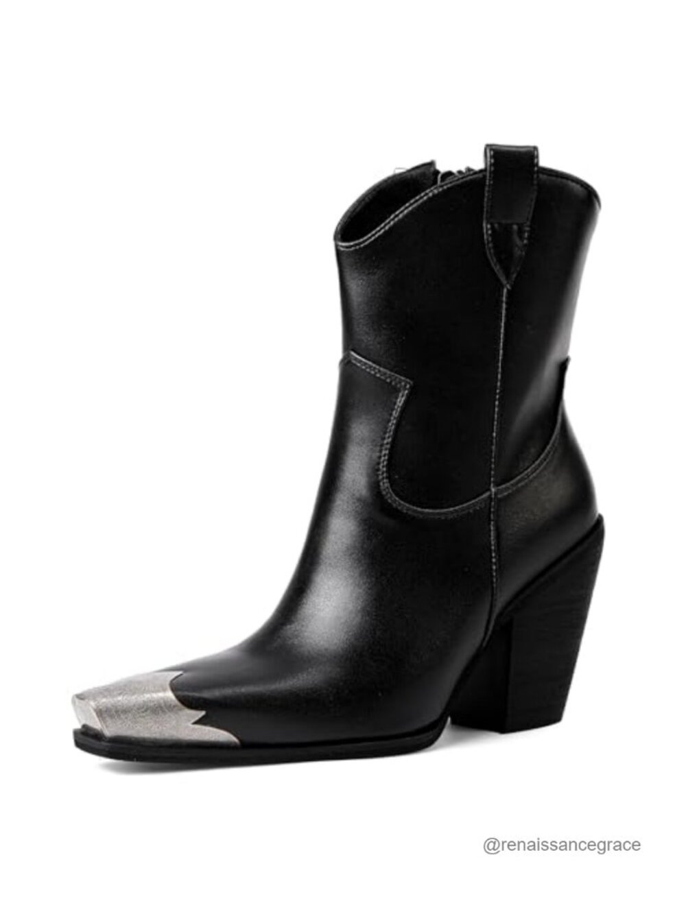 Faux Leather Cowboy Ankle Boots Steel Toe Block Heel Western Booties